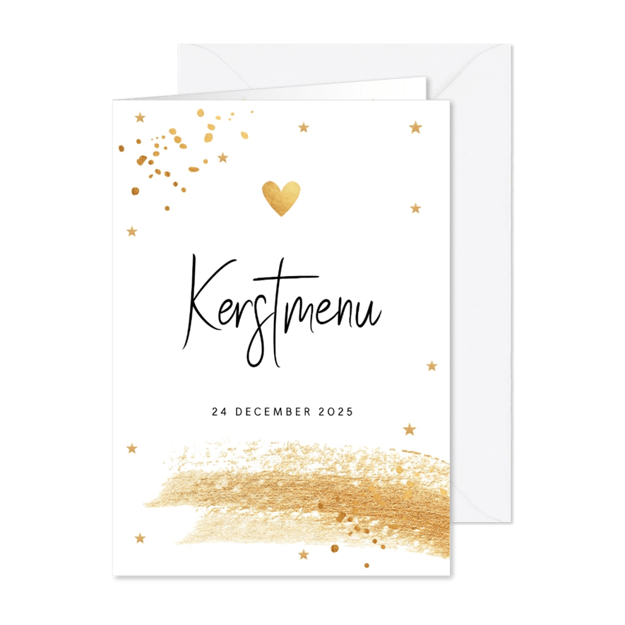 Kerstmenukaart wit brush strook sterren goudlook - Kaartimpressie
