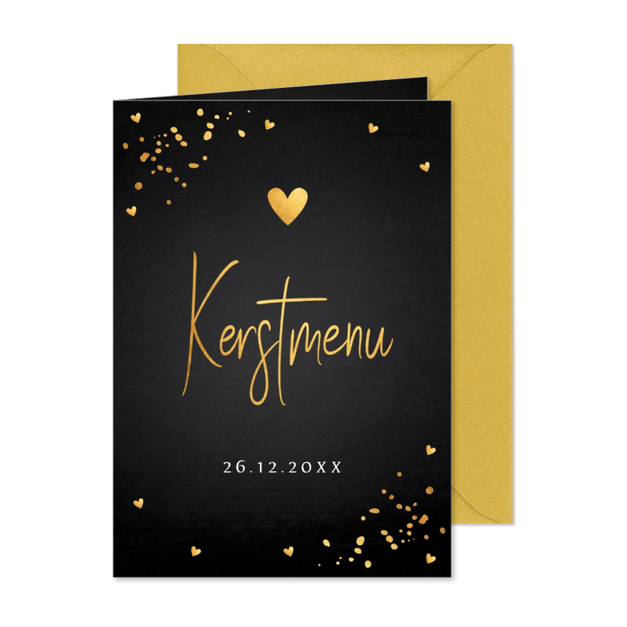 Kerstmenukaart zwart goudlook hartjes - Kaartimpressie