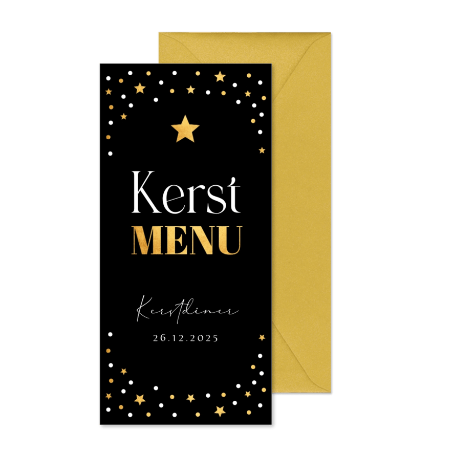 Kerstmenukaart zwart goudlook sterren - Kaartimpressie