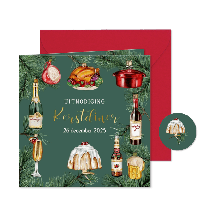 Kerstuitnodiging diner ornamenten  - Kaartimpressie