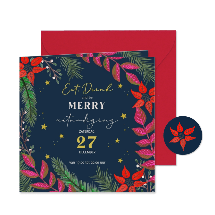 Kerstuitnodiging kerstkrans met bloemen en sterren - Kaartimpressie
