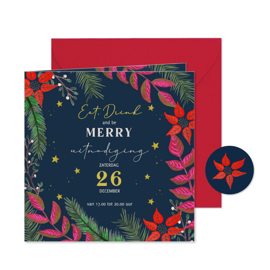 Kerstuitnodiging kerstkrans met bloemen en sterren - Kaartimpressie