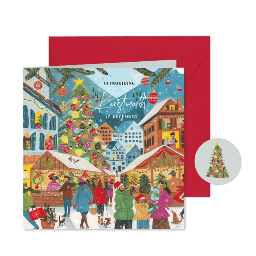 Kerstuitnodiging kerstmarkt huisjes in de bergen - Kaartimpressie