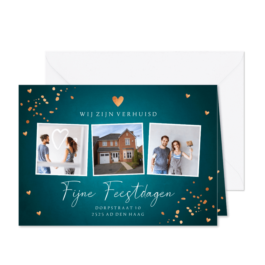 Kerstverhuiskaart blauw fotocollage koperlook - Kaartimpressie