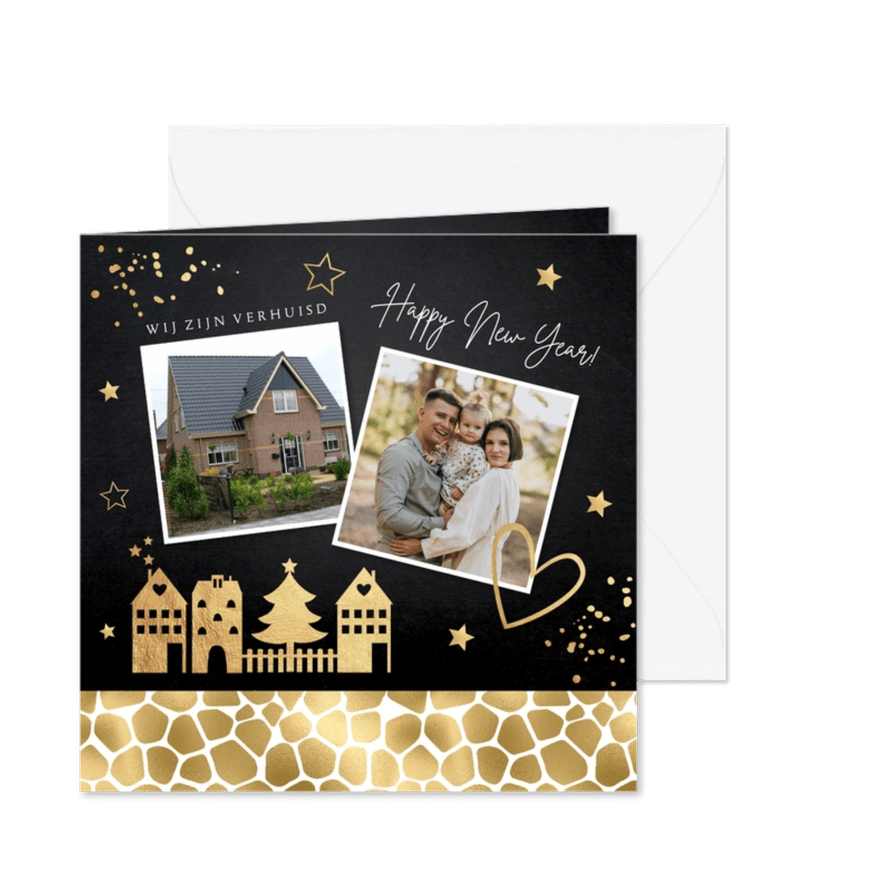 Kerstverhuiskaart foto huisjes panterprint goudlook - Kaartimpressie