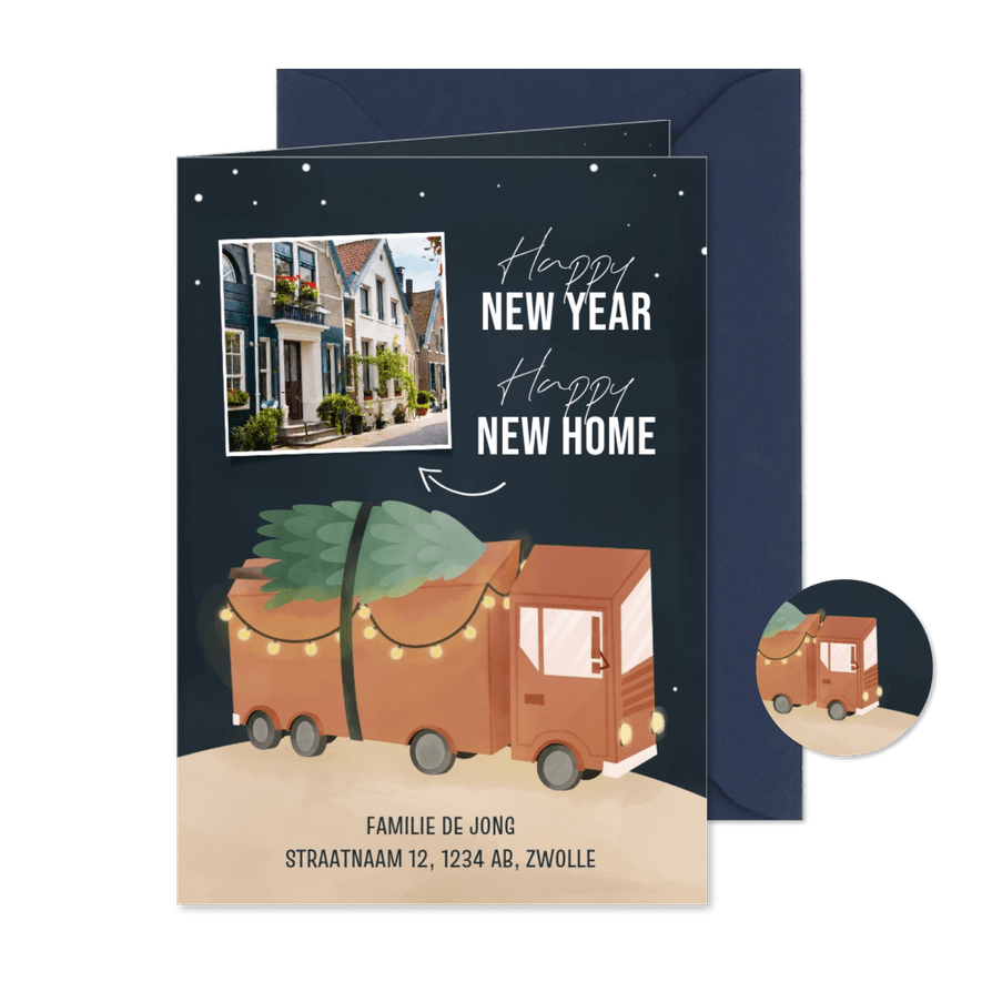 Kerstverhuiskaart happy new year new home met vrachtauto - Kaartimpressie