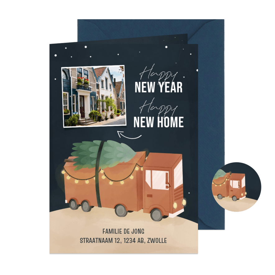 Kerstverhuiskaart happy new year new home met vrachtauto - Kaartimpressie