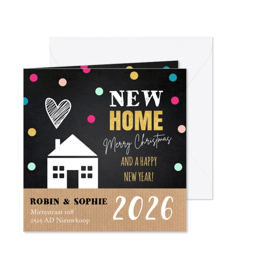 Kerstverhuiskaart huisje confetti kleur - Kaartimpressie
