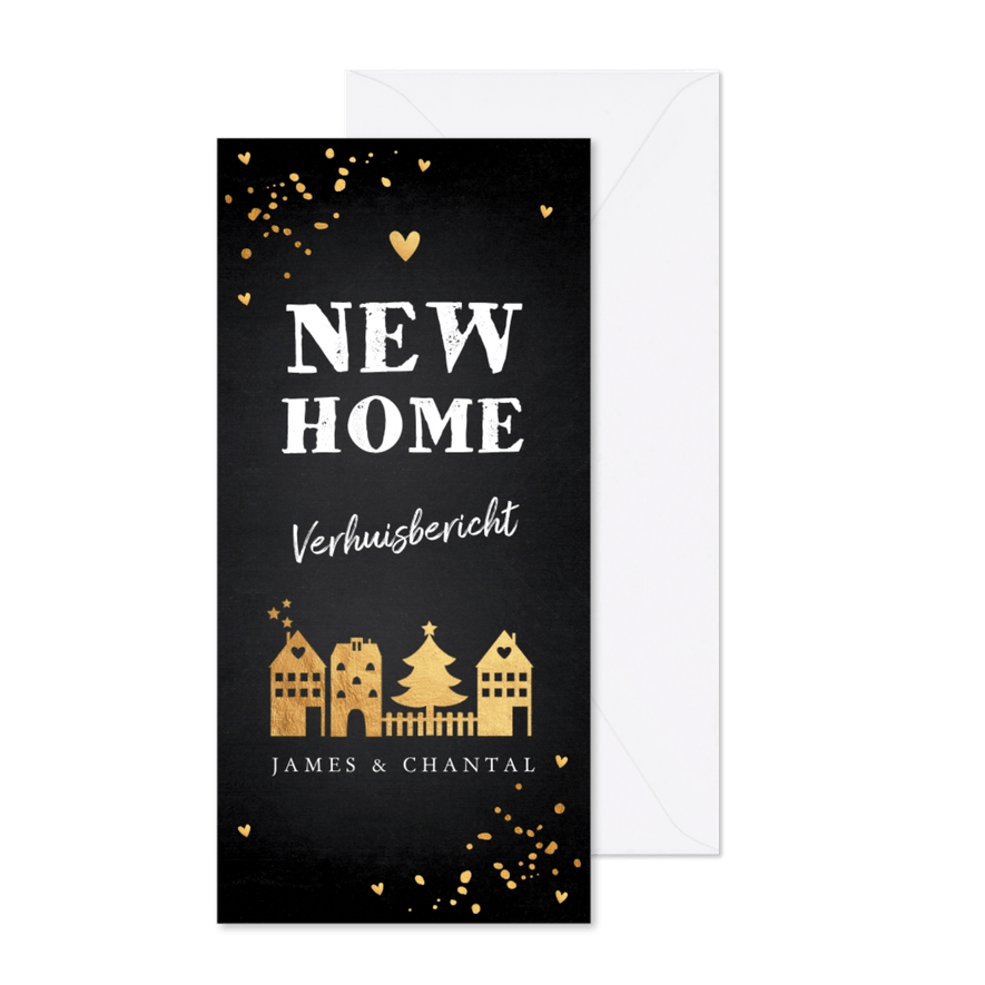 Kerstverhuiskaart huisjes confetti goudlook - Kaartimpressie