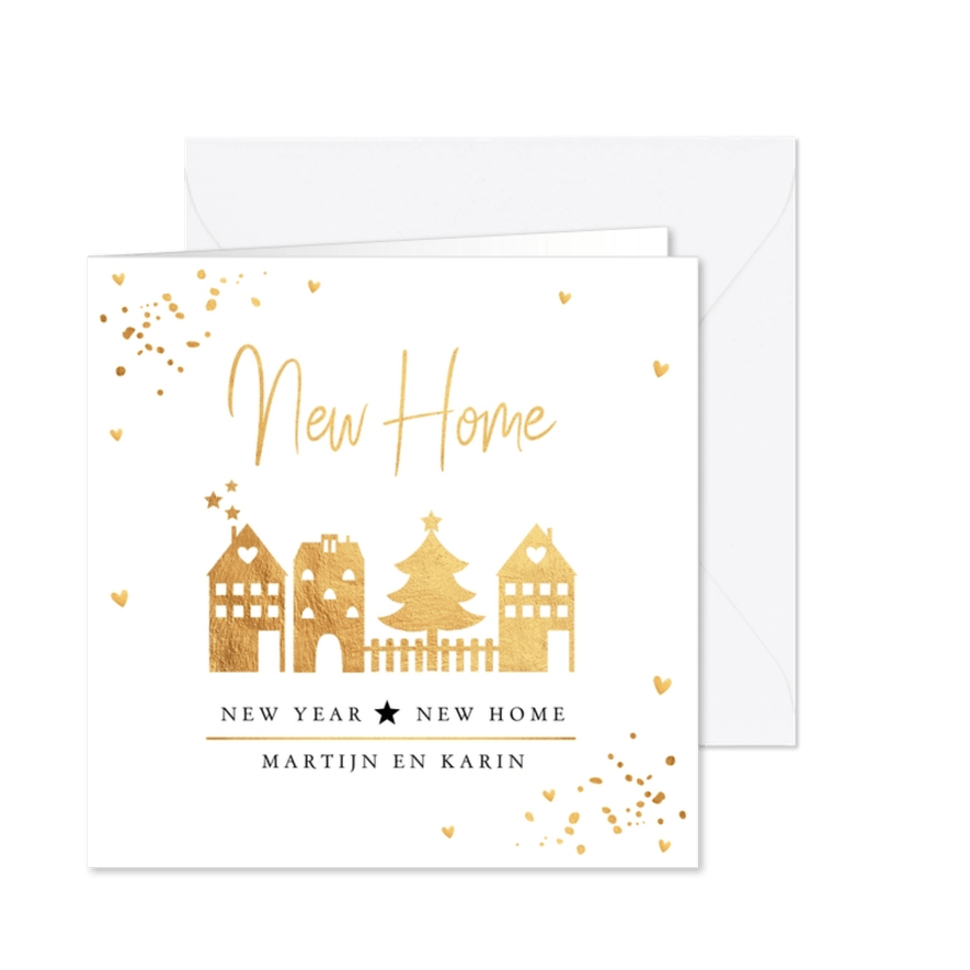 Kerstverhuiskaart huisjes goudlook confetti - Kaartimpressie