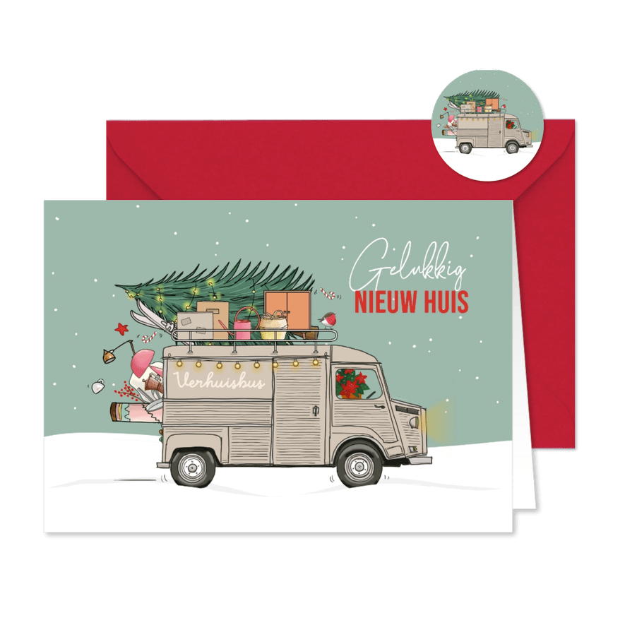 Kerstverhuiskaart HY bus met kerstboom en verhuisspullen - Kaartimpressie