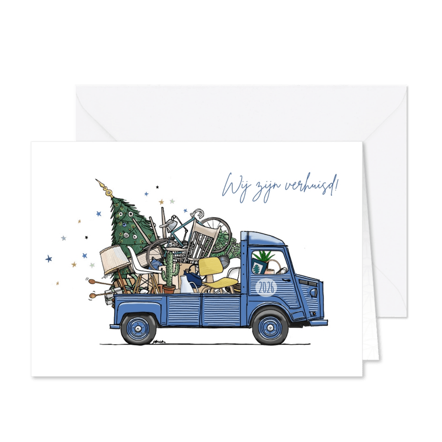 Kerstverhuiskaart HY busje blauw - Kaartimpressie