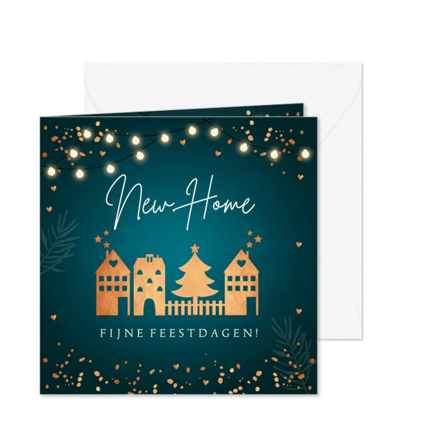 Kerstverhuiskaart lampjes huisjes koperlook - Kaartimpressie