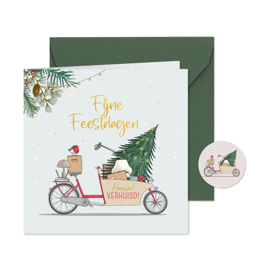 Kerstverhuiskaart met bakfiets en kerstboom - Kaartimpressie