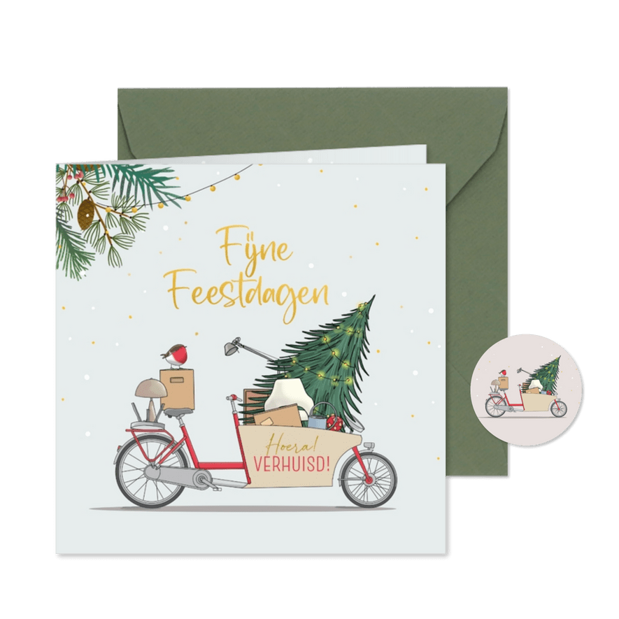 Kerstverhuiskaart met bakfiets en kerstboom - Kaartimpressie