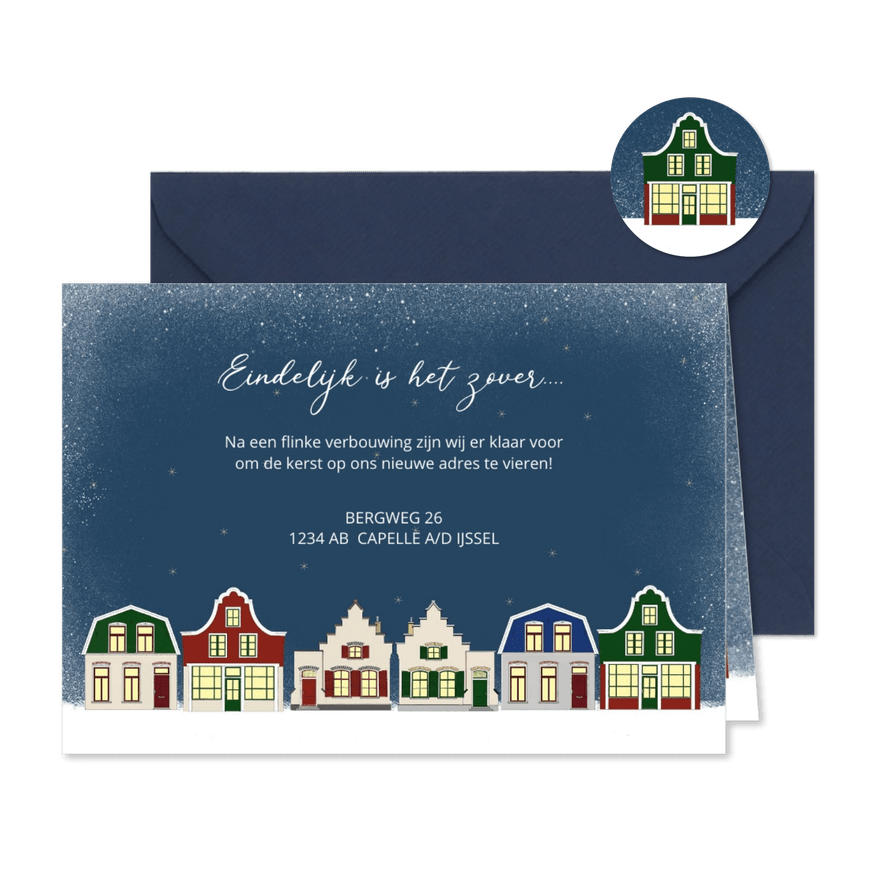 Kerstverhuiskaart met Hollandse huisjes - Kaartimpressie