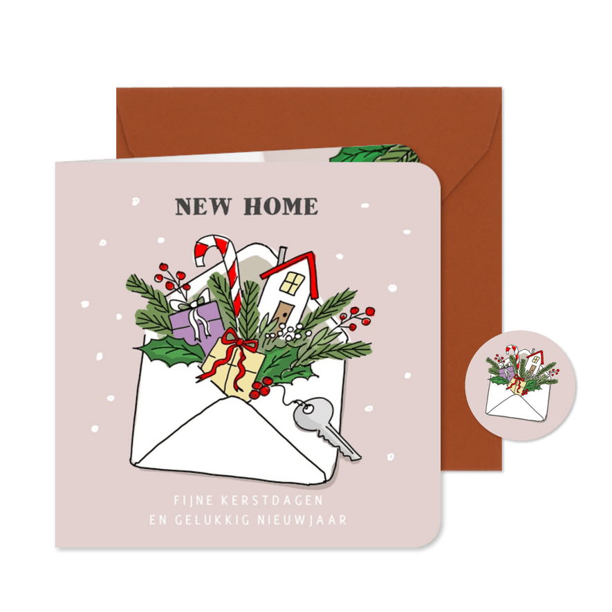 Kerstverhuiskaart met new home in een envelop - Kaartimpressie