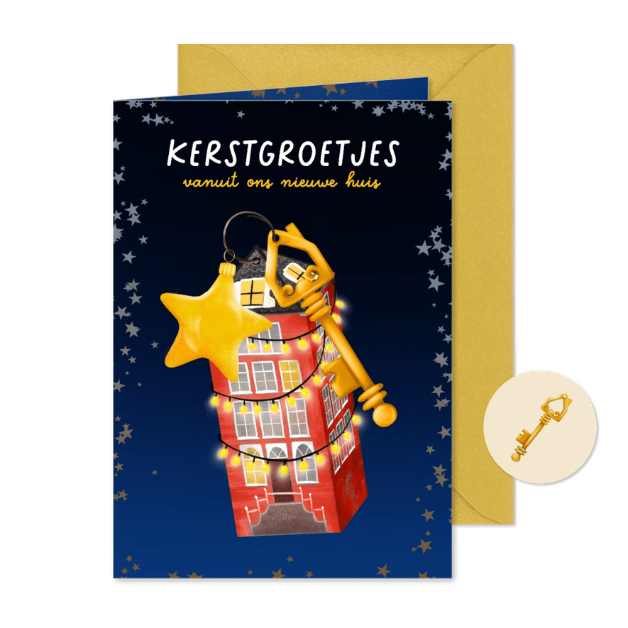 Kerstverhuiskaart met sleutel en huisje - Kaartimpressie
