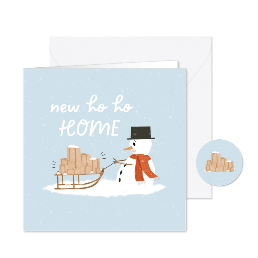 Kerstverhuiskaart met sneeuwpop en slee met dozen - Kaartimpressie