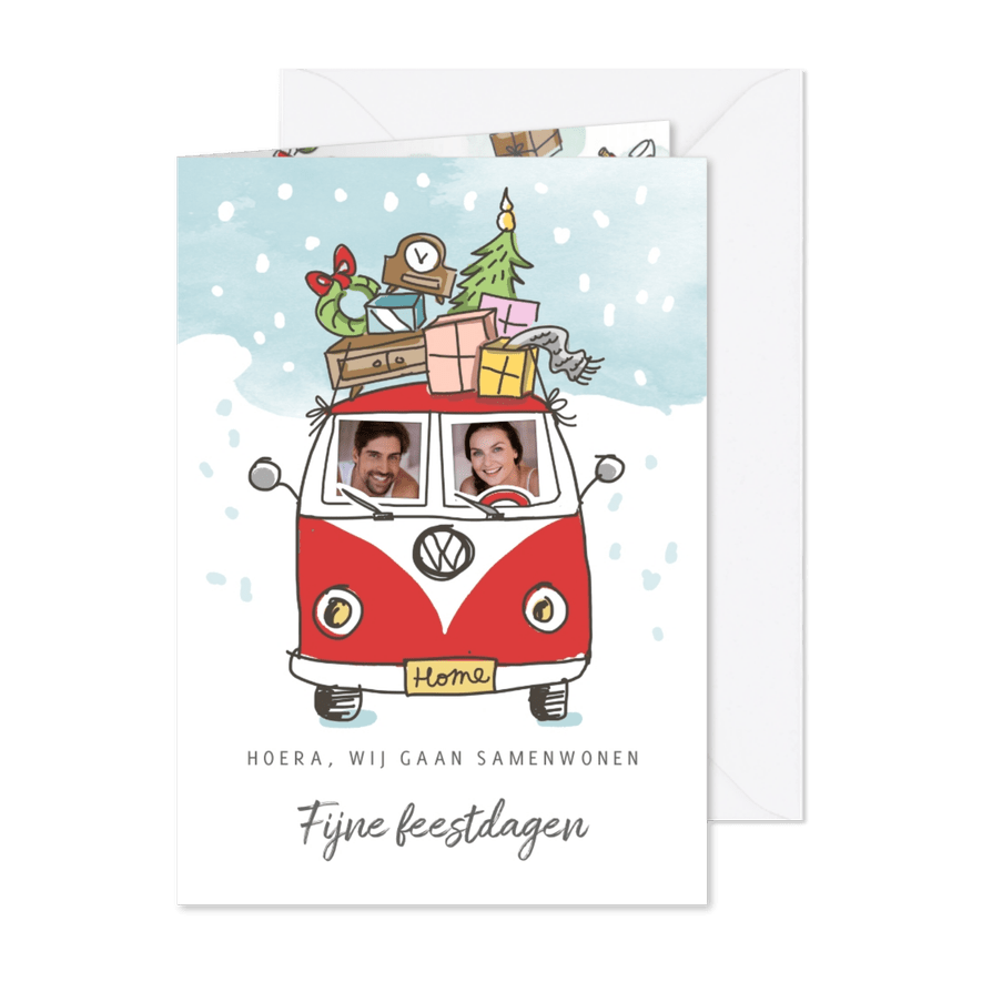 Kerstverhuiskaart met volkswagenbusje en kerstboom op dak - Kaartimpressie