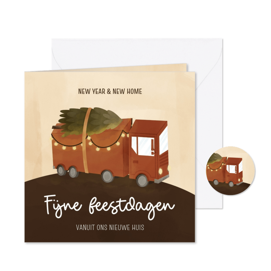 Kerstverhuiskaart met vrachtwagen met kerstboom - Kaartimpressie