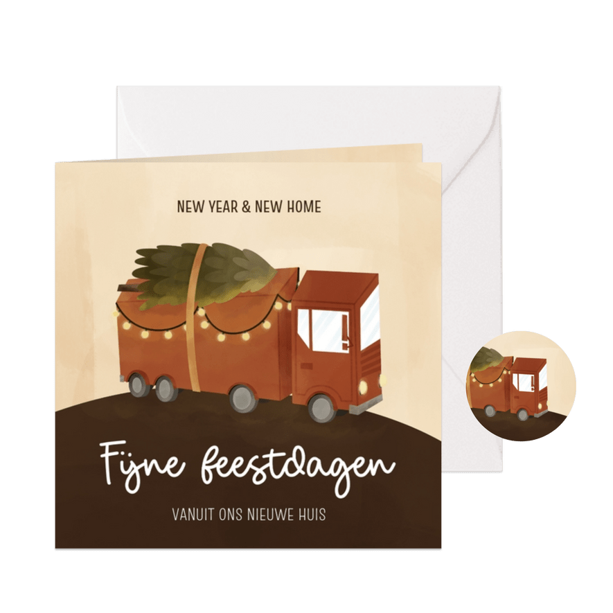 Kerstverhuiskaart met vrachtwagen met kerstboom - Kaartimpressie