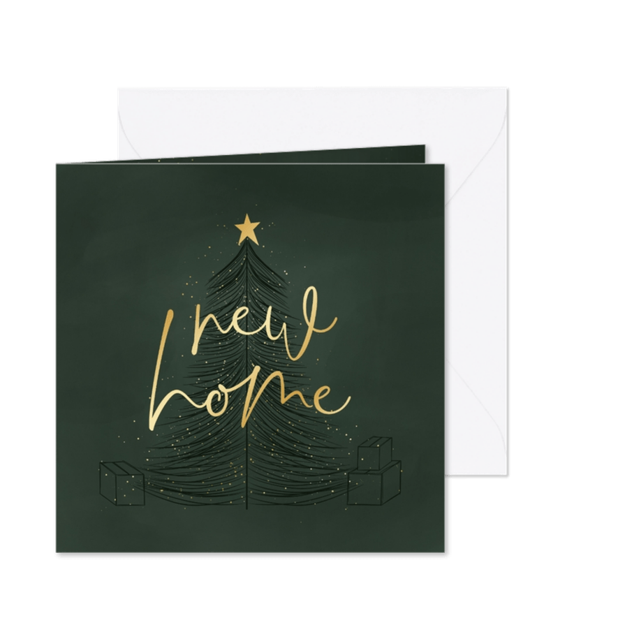 Kerstverhuiskaart new home met lijntekening boom en dozen - Kaartimpressie