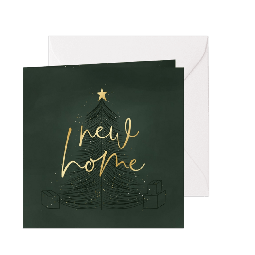 Kerstverhuiskaart new home met lijntekening boom en dozen - Kaartimpressie