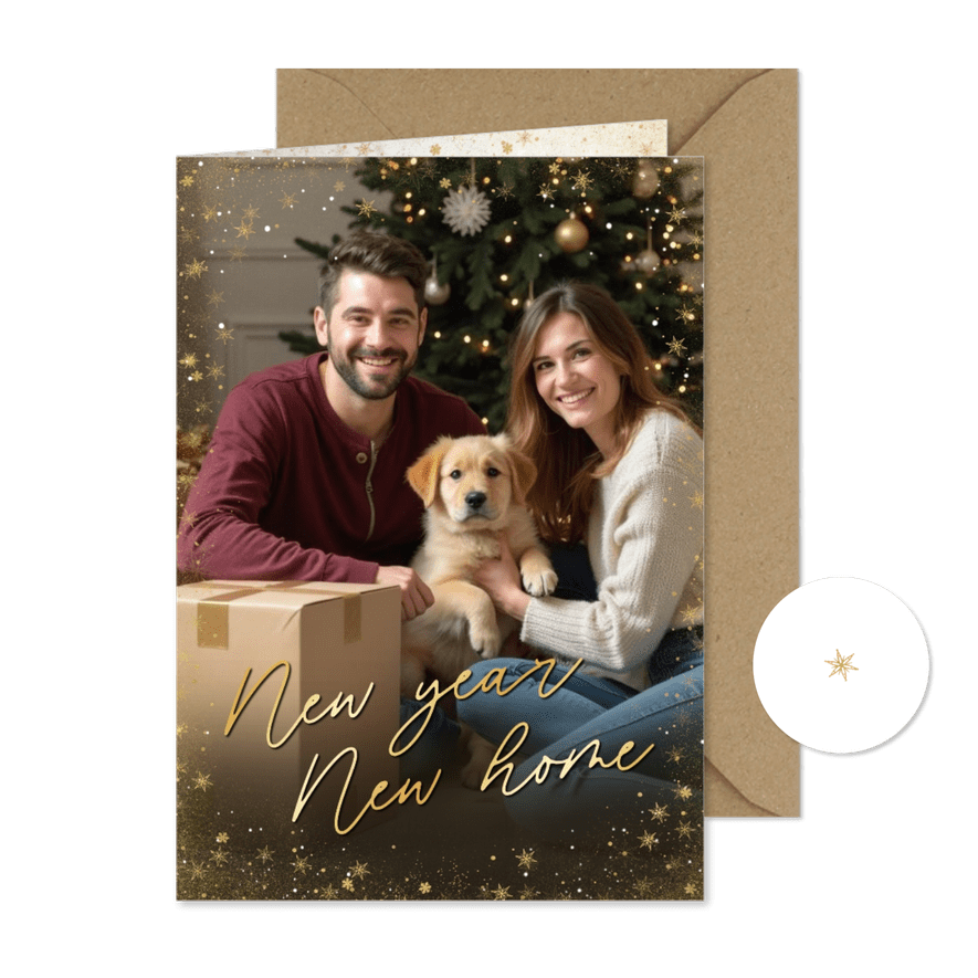 Kerstverhuiskaart new year new home grote foto goudlook - Kaartimpressie