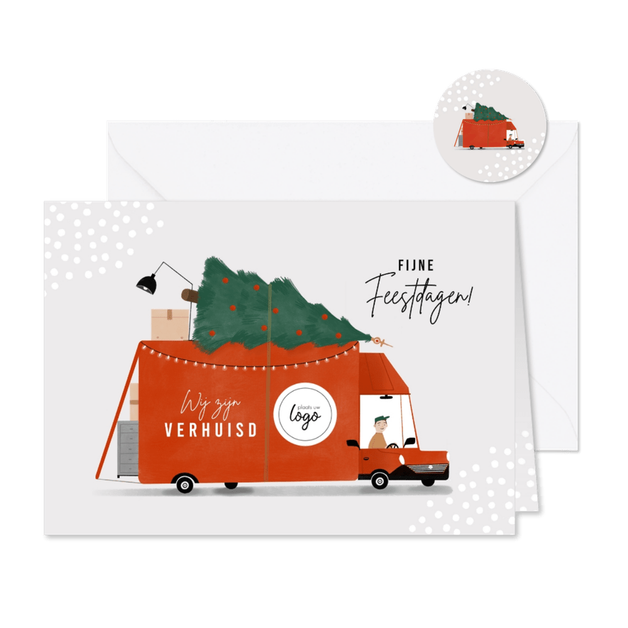 Kerstverhuiskaart rode verhuisbus kerstboom en logo  - Kaartimpressie