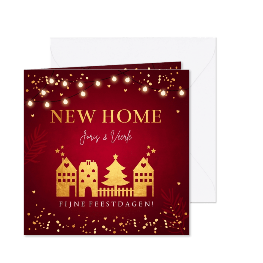Kerstverhuiskaart rood huisjes lampjes goudlook - Kaartimpressie