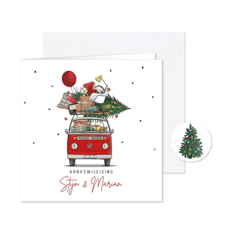 Kerstverhuiskaart voorkant vw busje t2 - Kaartimpressie