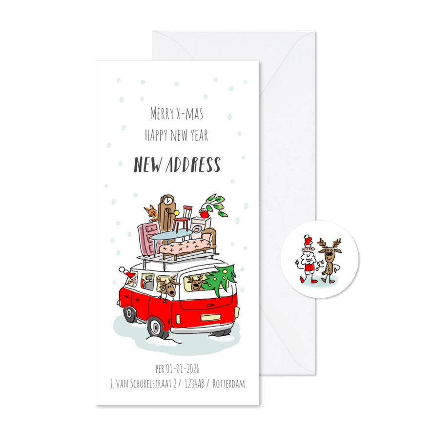 Kerstverhuiskaart vw busje met kerstman in de sneeuw - Kaartimpressie