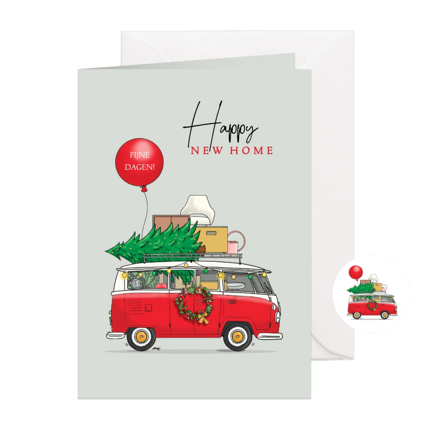 Kerstverhuiskaart vw busje rood met verhuisspullen - Kaartimpressie