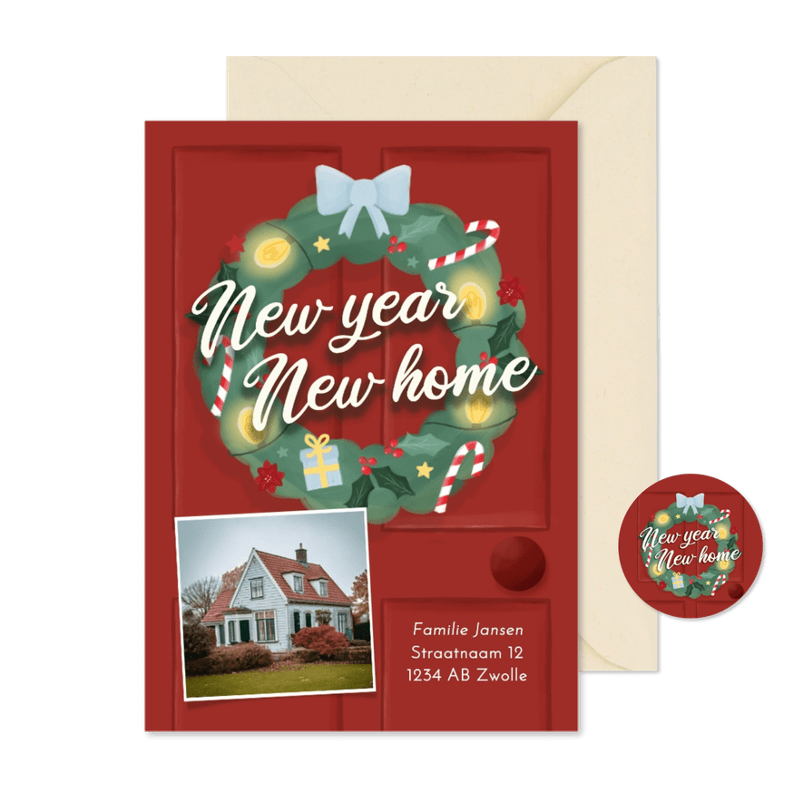 Kerstverhuiskaartje voordeur met kerstkrans en foto adres - Kaartimpressie