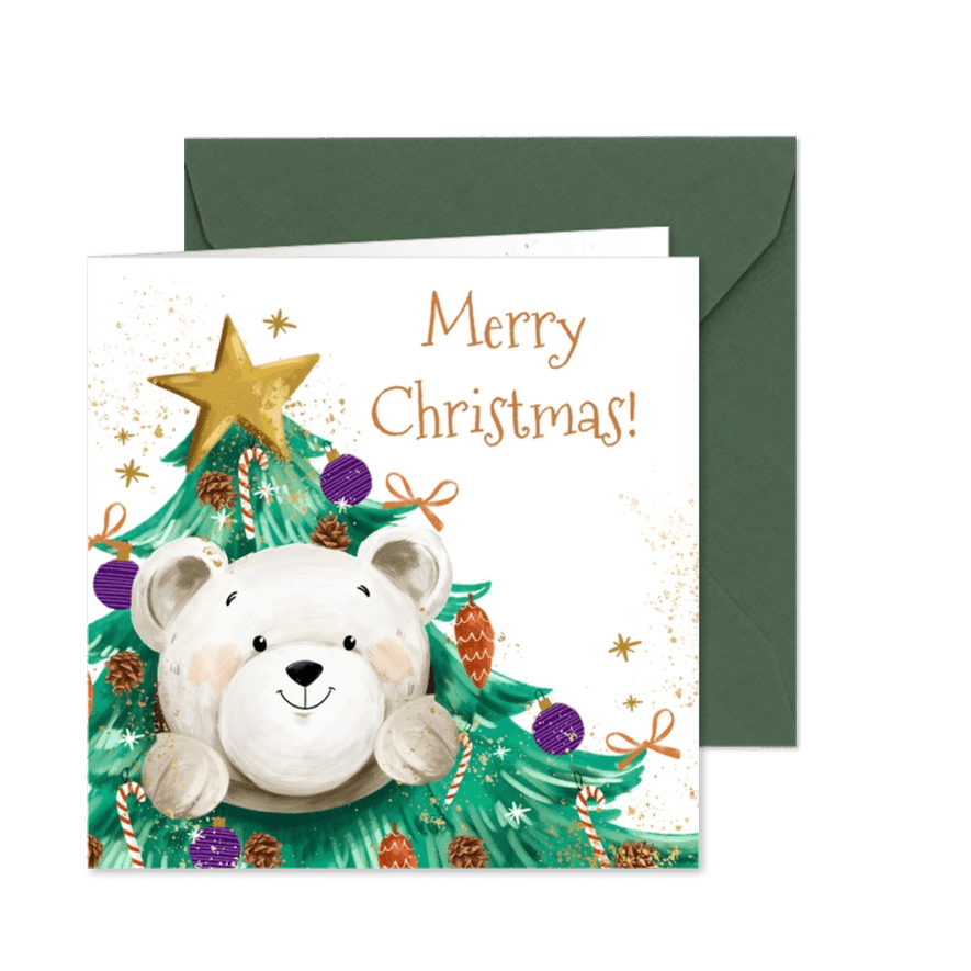 KiKa kerstkaart met beer verkleed als kerstboom - Kaartimpressie