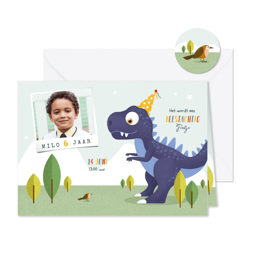 Kindefeestje t-rex feest vrolijk dinosaurus vogel foto - Kaartimpressie