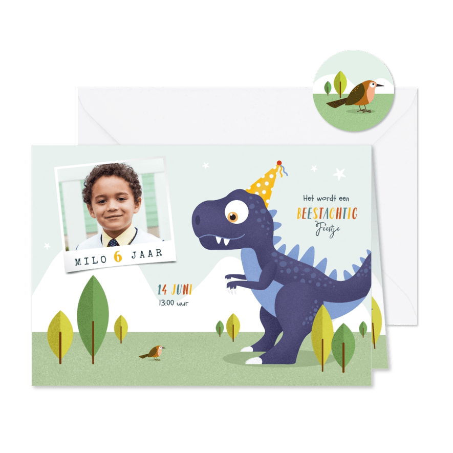 Kindefeestje t-rex feest vrolijk dinosaurus vogel foto - Kaartimpressie