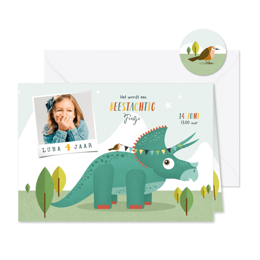 Kindefeestje vrolijk dinosaurus fotokaart triceratops - Kaartimpressie