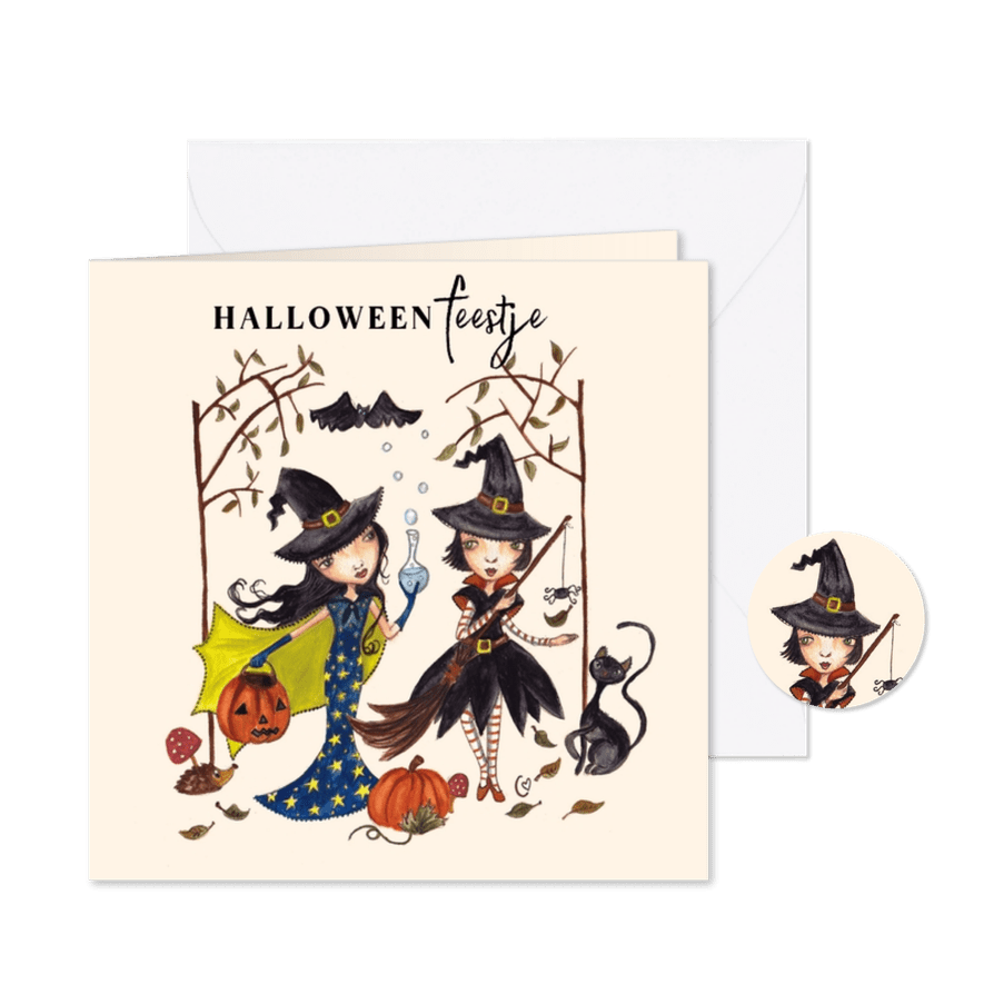 Kinder- heksenfeestje twee heksjes met kat - Kaartimpressie