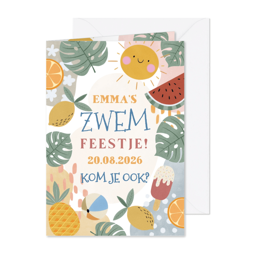 Kinder- zwemfeestje uitnodiging tropisch met fruit - Kaartimpressie