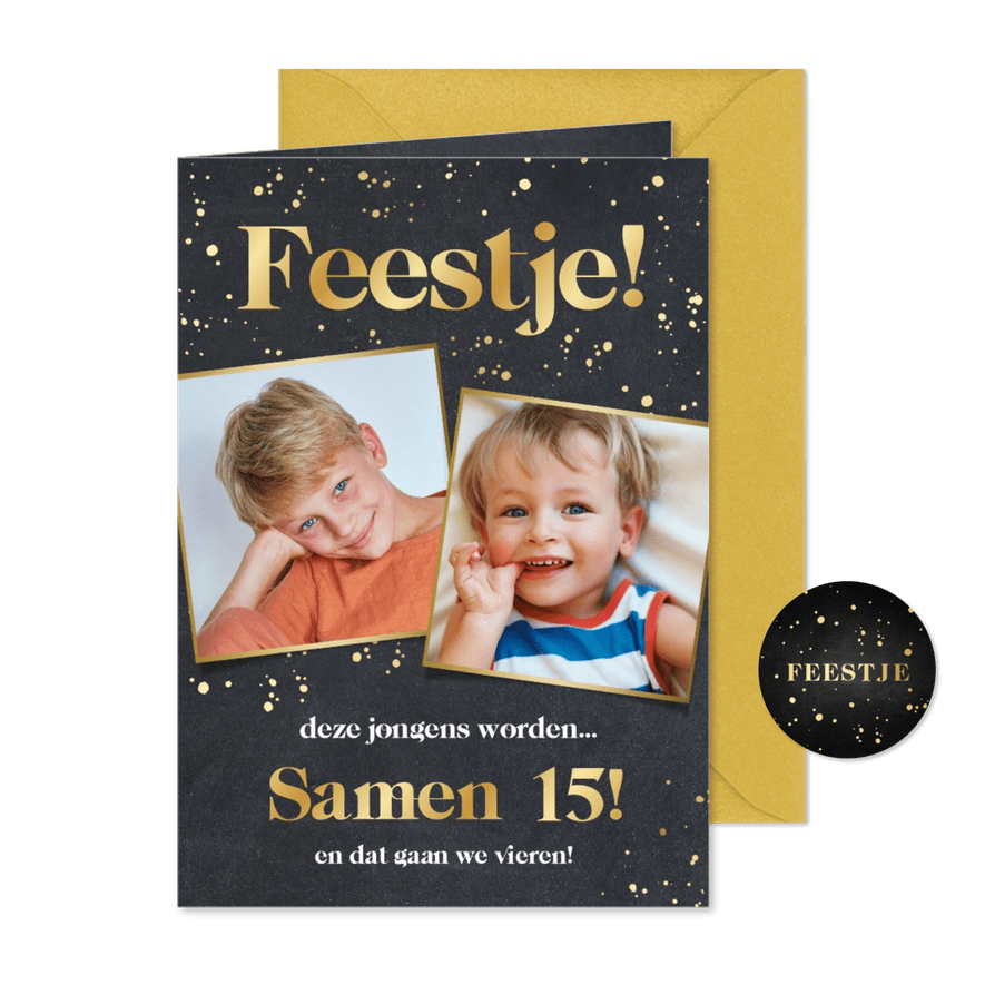 Kinderfeest samen jarig met kinderfoto's en foliedruk - Kaartimpressie