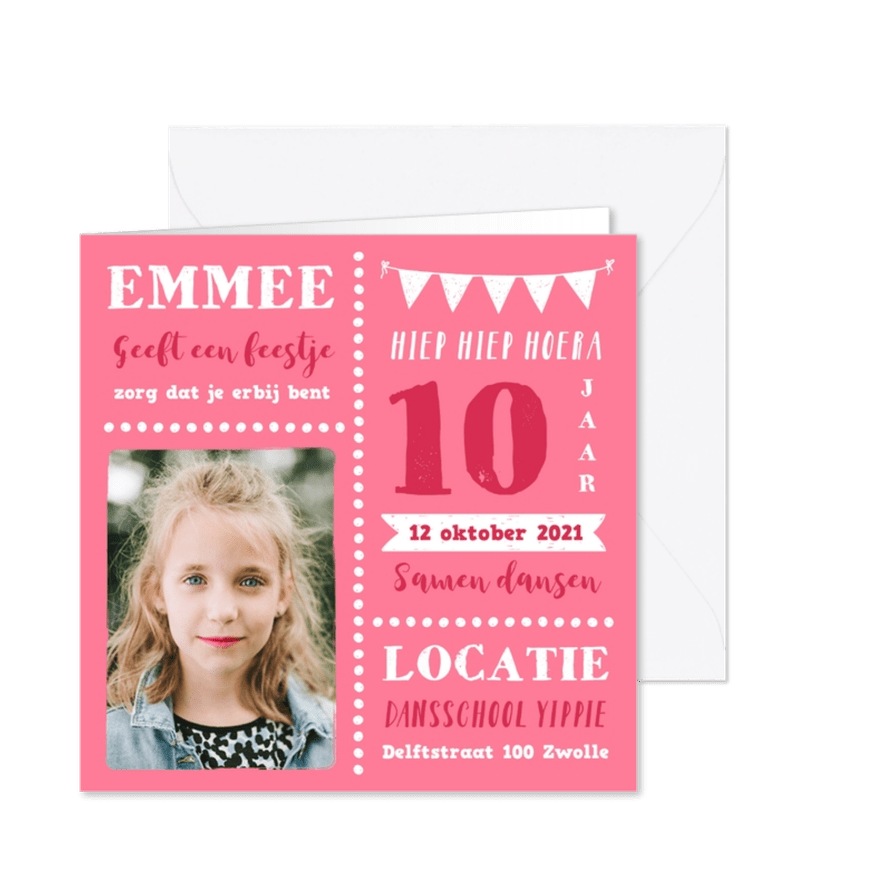 Kinderfeest tiener uitnodiging meisje stoer en hip met foto - Kaartimpressie