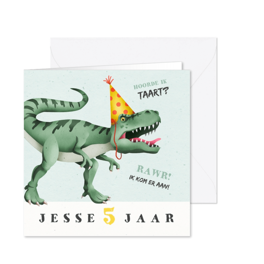 Kinderfeest uitnodiging dino met taart - Kaartimpressie