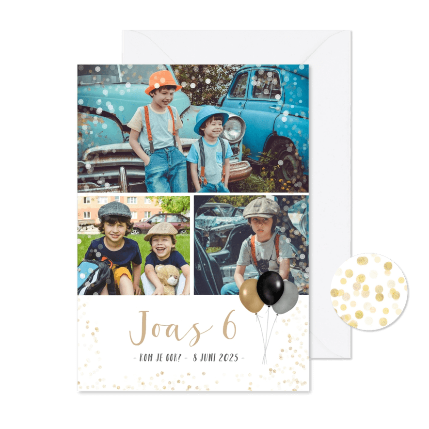 Kinderfeest uitnodiging fotocollage met ruimte voor 3 foto's - Kaartimpressie