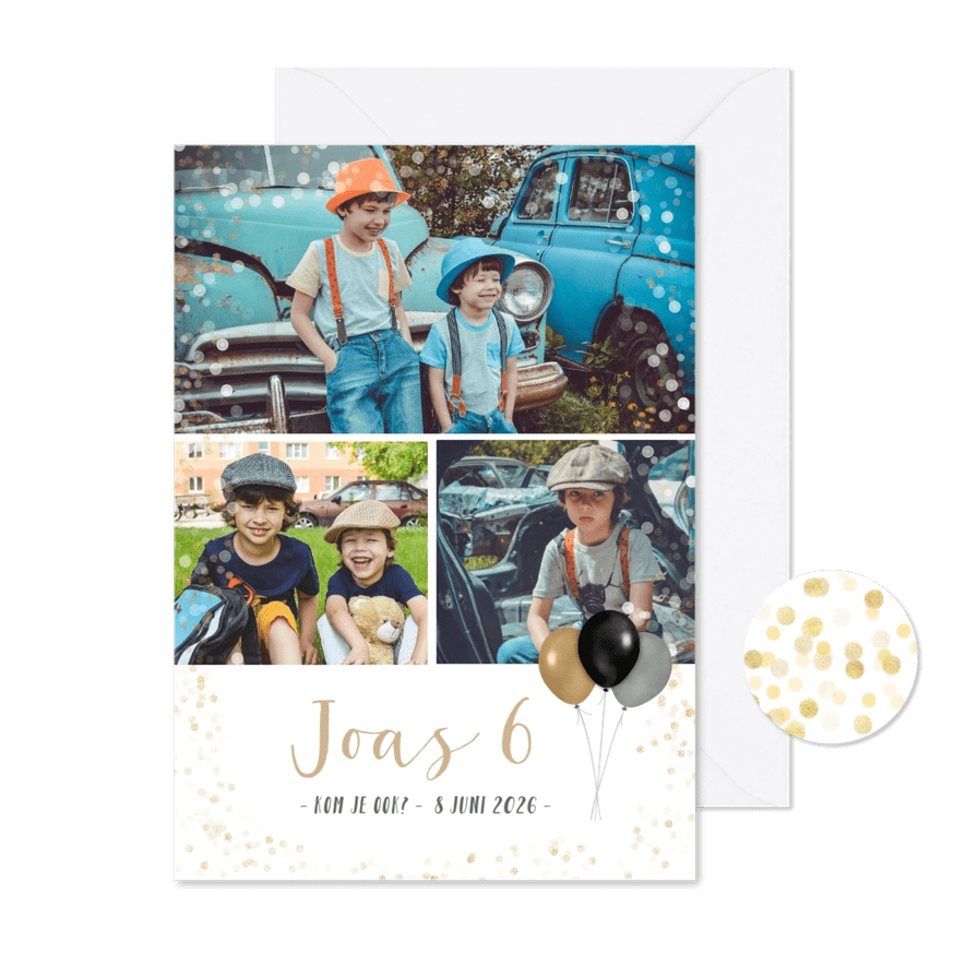 Kinderfeest uitnodiging fotocollage met ruimte voor 3 foto's - Kaartimpressie