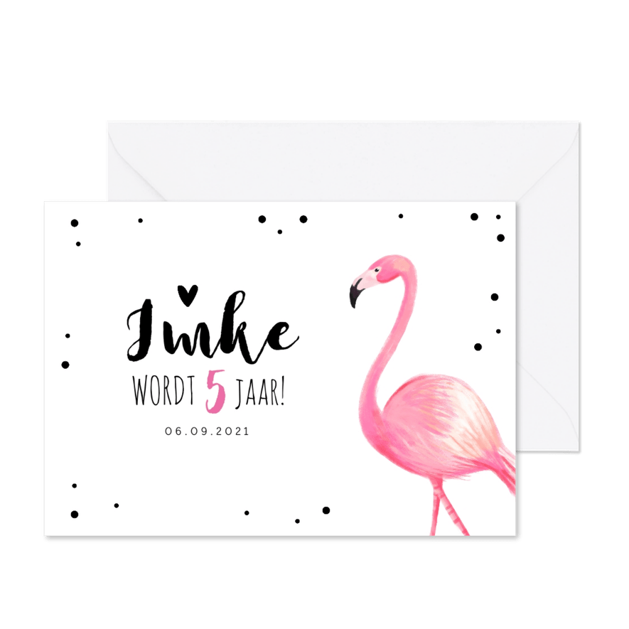 Kinderfeest uitnodiging meisje hip met flamingo - Kaartimpressie