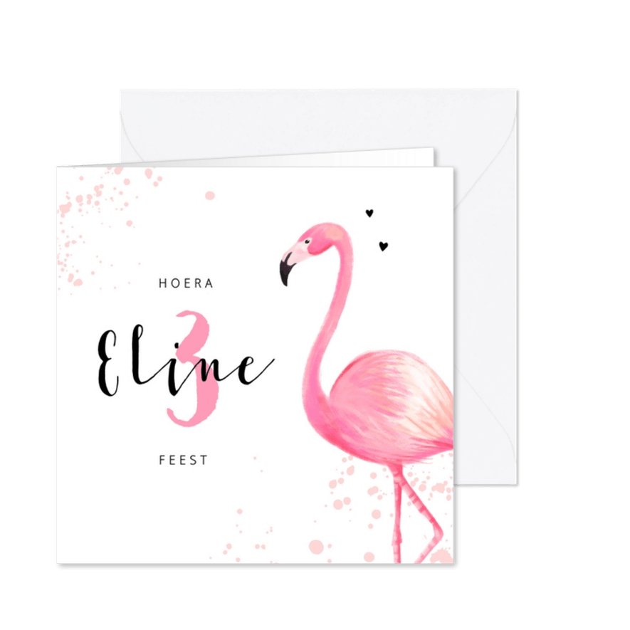 Kinderfeest uitnodiging roze met flamingo en spetters - Kaartimpressie