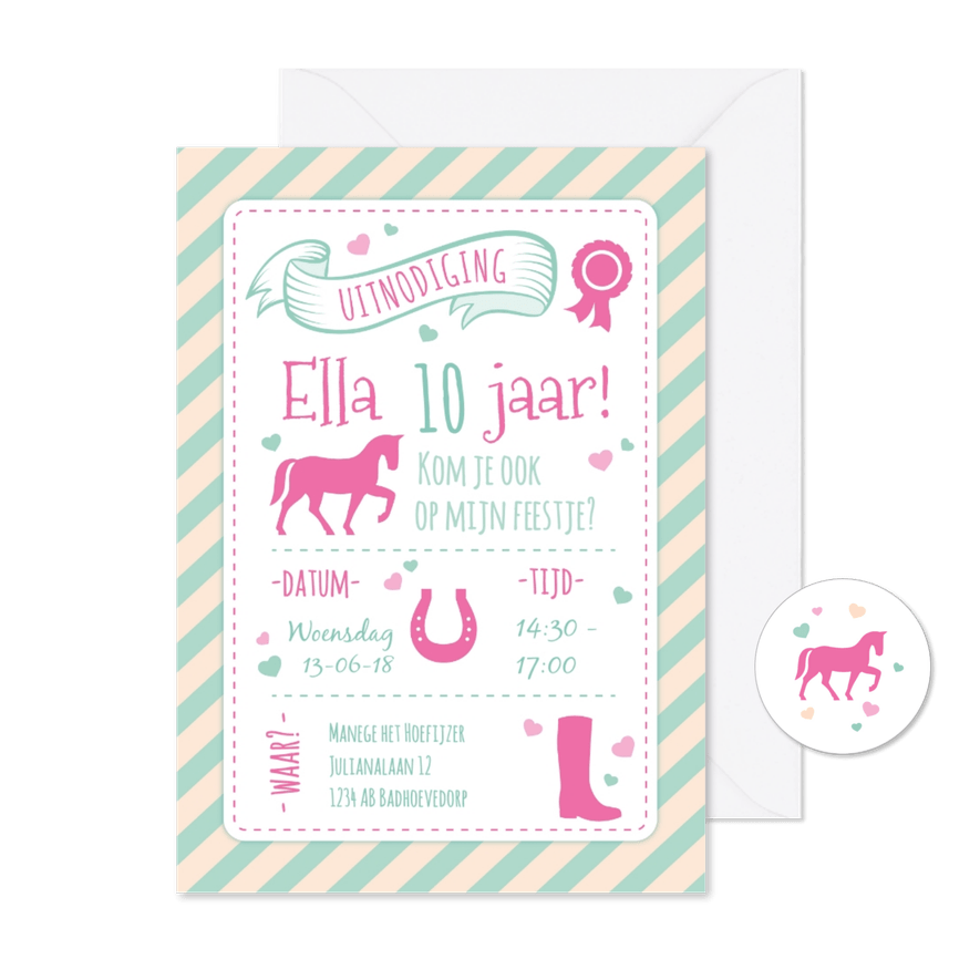 Kinderfeest uitnodiging voor een paarden feestje - roze - Kaartimpressie