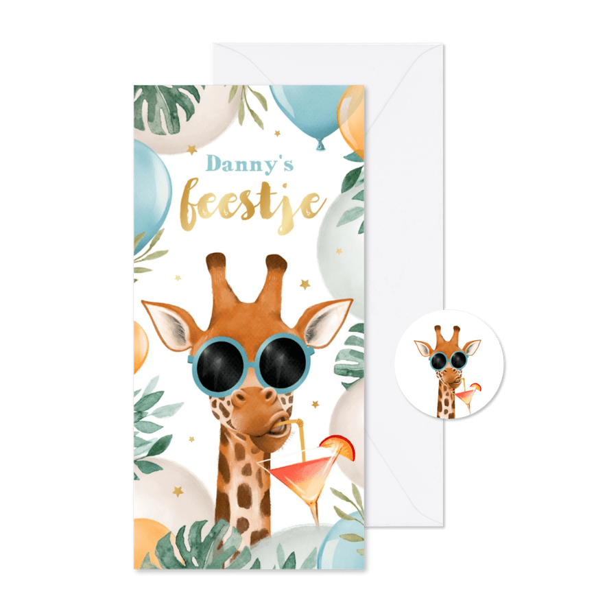 Kinderfeest uitnodiging zomer giraf jungle ballonnen tuin - Kaartimpressie